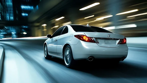 White coupe on curved urban road with motion blur effect.