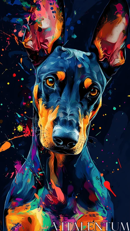 Color-splashed Doberman portrait on dark abstract field.
