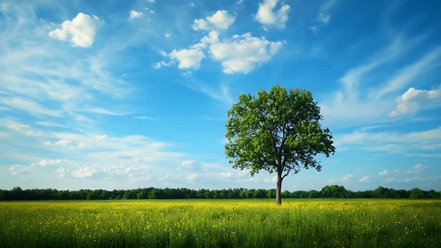 Lone green tree in vibrant meadow under bright blue sky.