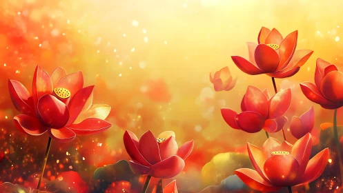 Red Lotus Flowers in Golden Light.