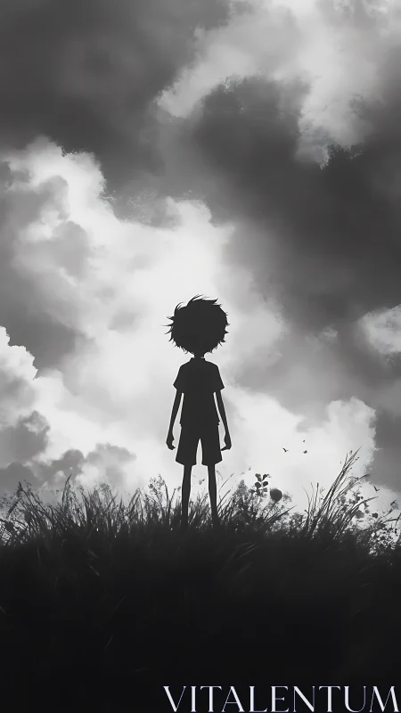 Silhouetted child stands beneath brooding storm clouds.