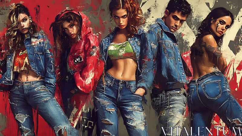 Bold denim crew stands strong in a vivid urban street scene