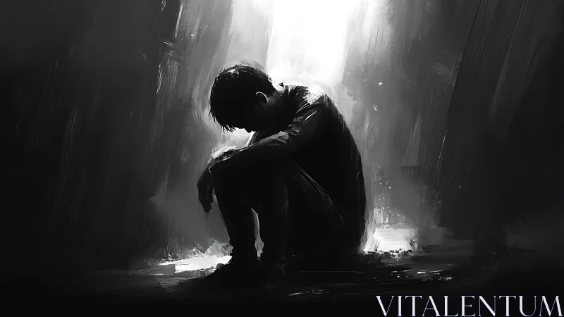 Seated figure in monochrome environment with high contrast light.