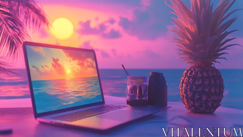 Laptop displays vivid sunset beside pineapple on beach desk