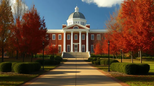 Red brick domed campus building with autumn trees and path.