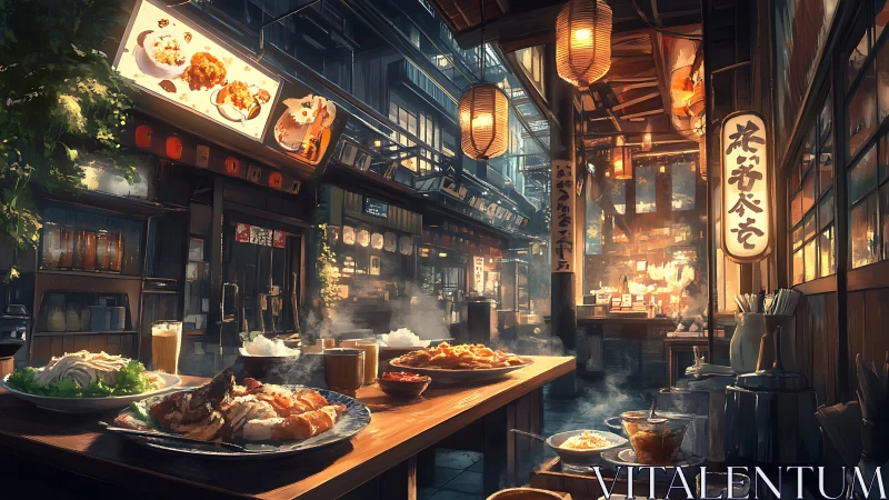 Night market food alley with lantern glow and steam trails.