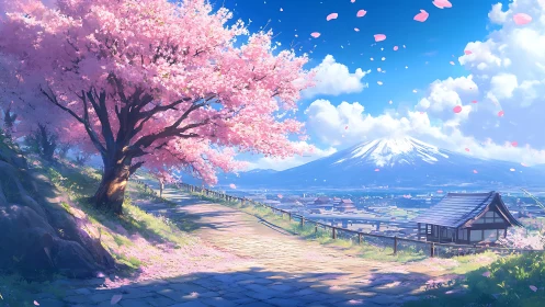 Sakura hillside path overlooking snow-capped mountain vista.