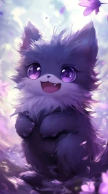 Purple eyed chibi creature in soft petal filled setting.