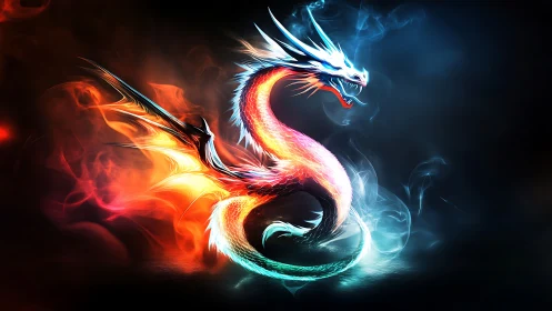 Elemental dragon coiled in blazing dual-color energy storm.