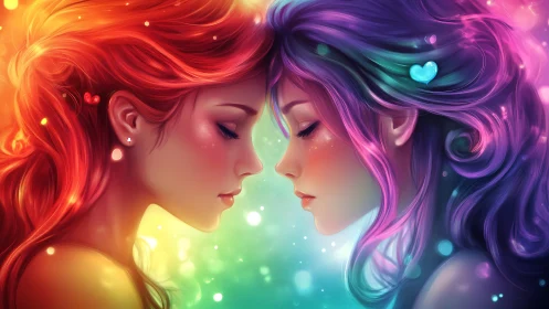 Two luminous figures merge through iridescent light spectrum.