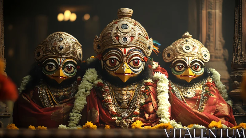 Regal ceremonial bird deities share a glowing temple moment