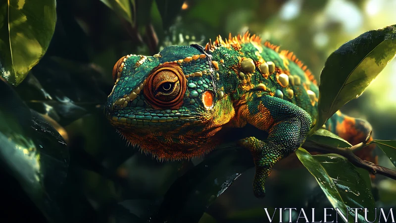 Colorful chameleon rests on wet leaves in filtered sunlight