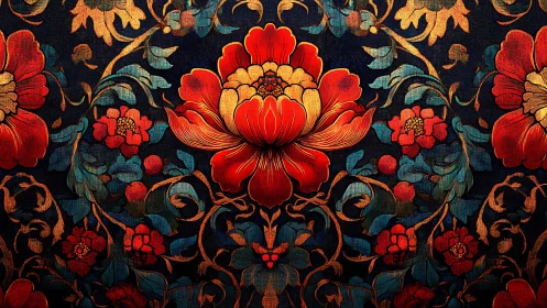 Symmetrical red floral tapestry with ornate metallic filigree detailing
