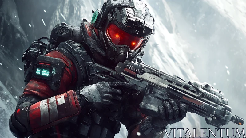 Armored sci fi soldier with rifle in frozen mountain terrain.