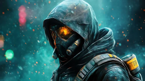 Hooded sci fi soldier in gas mask with glowing visor.