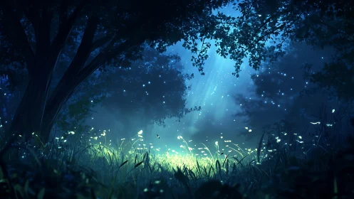 Bioluminescent Forest Clearing at Night.