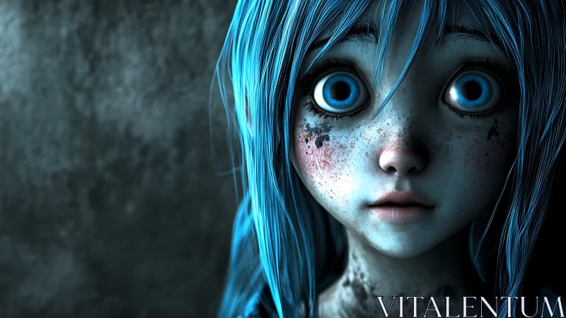 Blue haired doll eyed girl portrait under cold light.