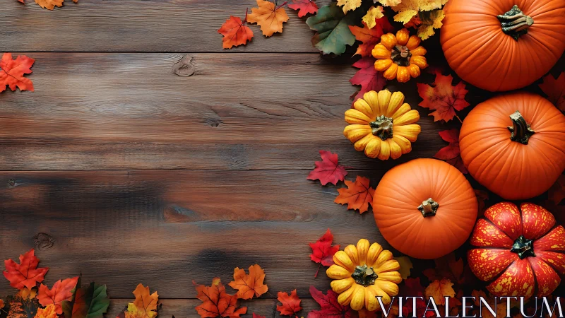 Autumn pumpkins arranged on rustic wooden tabletop.
