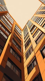 Geometric orange high-rise courtyard with upward view.