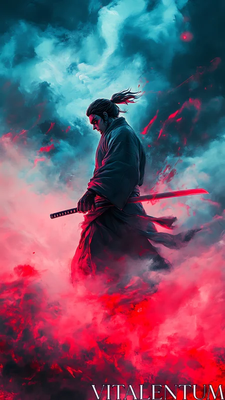 Lone samurai walks through crimson storm clouds.