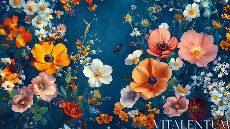 Vibrant botanical composition flourishes across deep blue canvas.