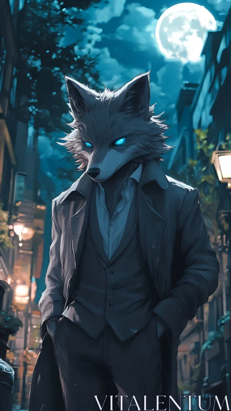 Anthropomorphic wolf detective under moonlit urban alleyway