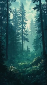 Atmospheric coniferous forest with layered depth and luminous sky.