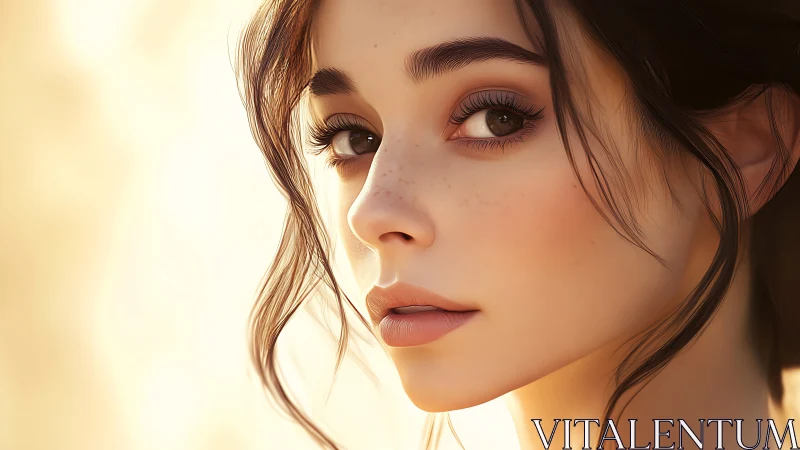 Softly lit digital portrait shows serene, freckled gaze.