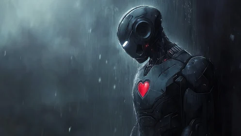 Humanoid robot in rainfall with illuminated red heart emblem.