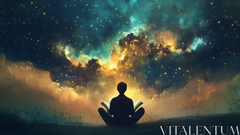 Silhouette reading under vast glowing star filled sky.