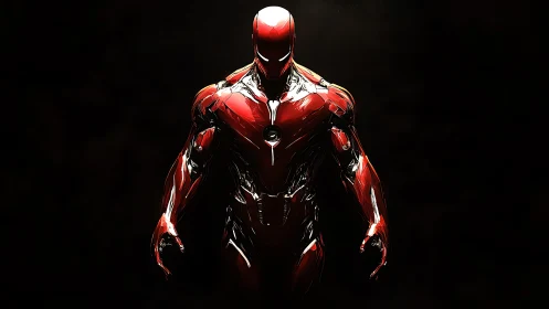 Crimson titan strides from shadow, armor burning like liquid fire