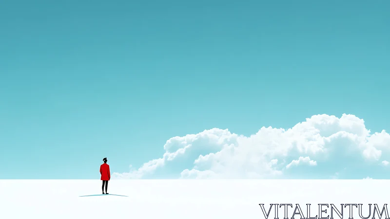 Quiet wanderer in red beneath a wide blue dreaming sky.