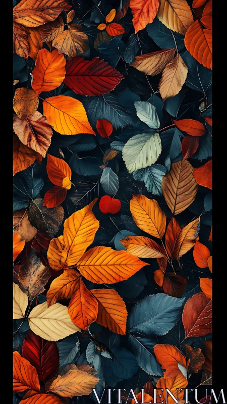 Autumn foliage contrasts against deep teal forest floor.