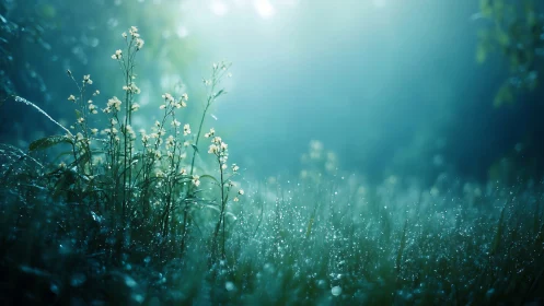 Dewlit wildflowers glow through soft cyan morning haze.