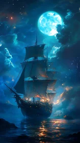 Moonlit galleon under luminous clouds and reflective sea.