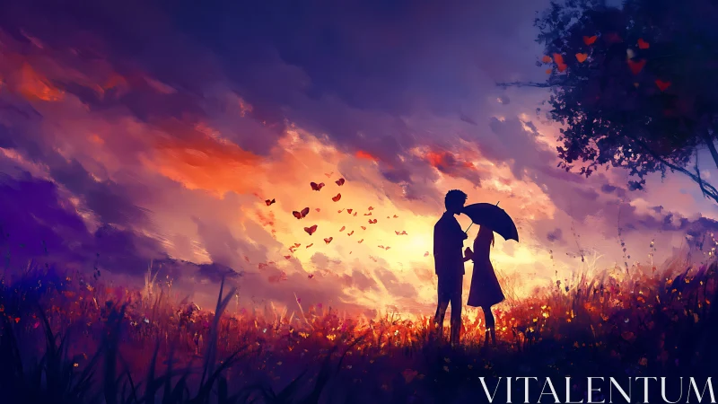 Romantic silhouettes embrace beneath golden sunset sky.