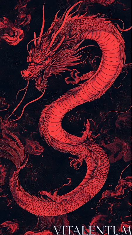 Coiled red dragon illustration on dark swirling background.