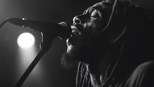 Monochrome profile study of vocalist at stage microphone.