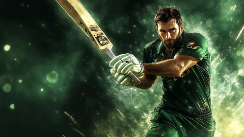 Cricketer swings bat through glowing green explosive energy