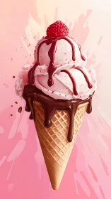 Raspberry crown on chocolate-dripped vanilla daydream cone.