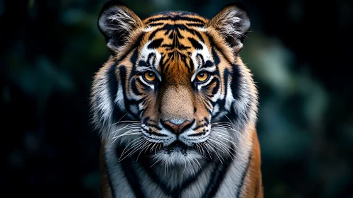 Tiger portrait with intense gaze under moody jungle light.