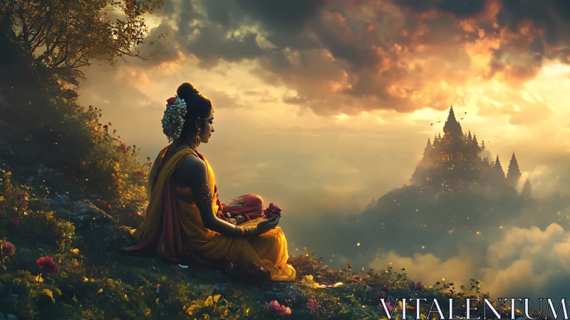 Meditative figure observes illuminated cloud temple at sunset