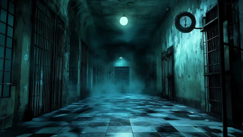 Moody blue prison corridor with fog and ticking wall clock.