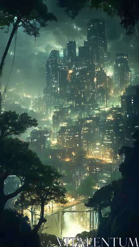 Vertical rainforest megacity glows through atmospheric monsoon haze