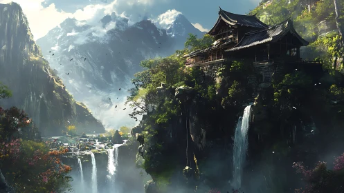 Mountain temple complex above waterfalls in forested valley.