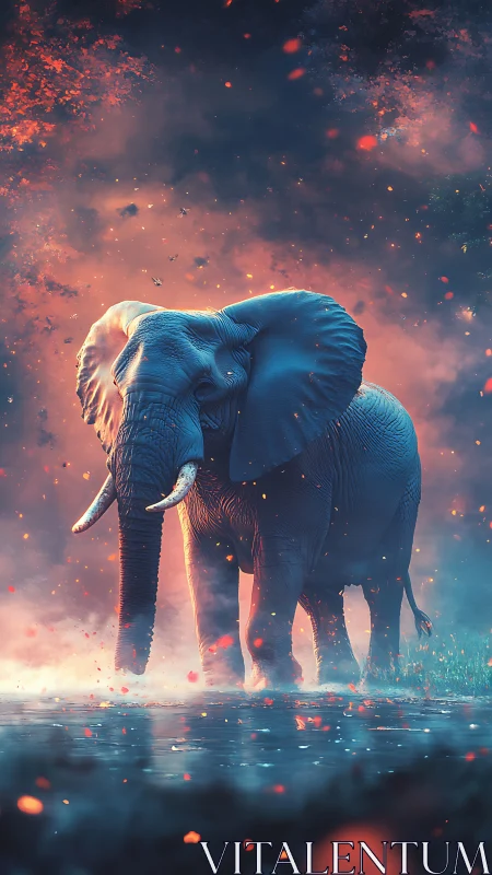 Majestic elephant strides through embers and mist at dusk.