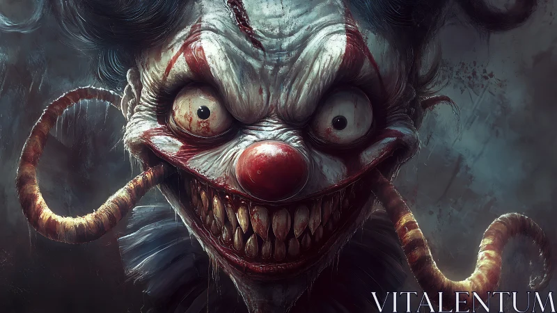 Grotesque killer clown portrait with tentacle-like grin.