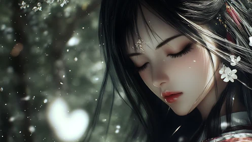 Serene anime maiden in blossom-lit forest portrait.
