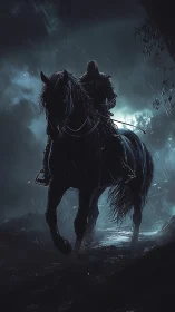 Dark rider advances through stormlit forest night.