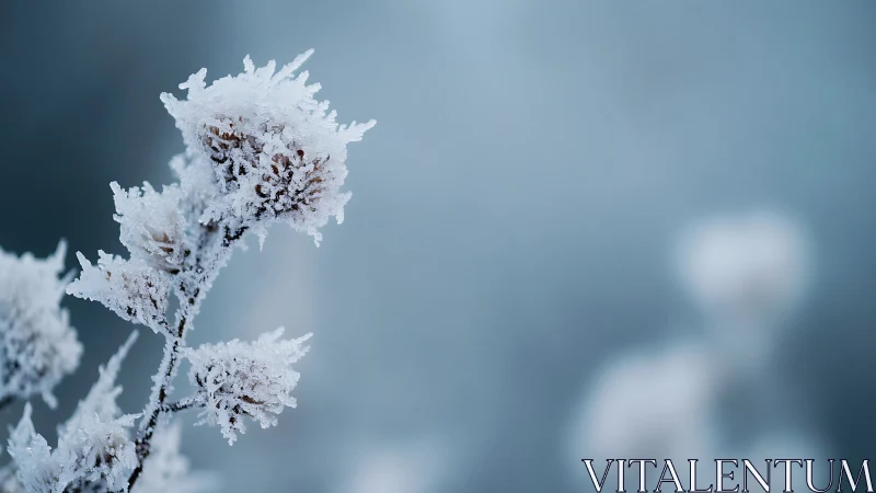 Frosted wildflower macro in soft blue winter haze.